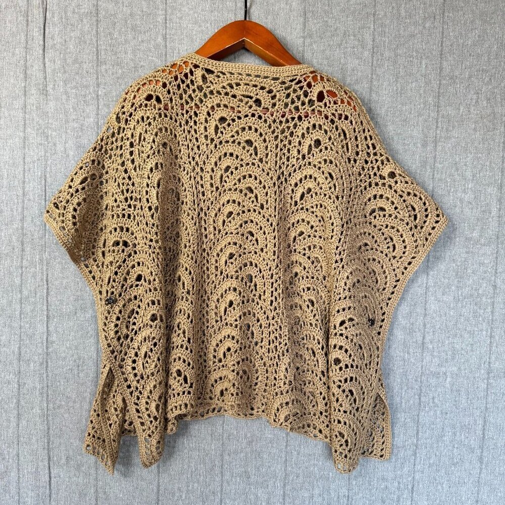 Tan Camel Crochet High Collar Pull Over Side Snap Closure Coastal Boho Poncho - Picture 12 of 12